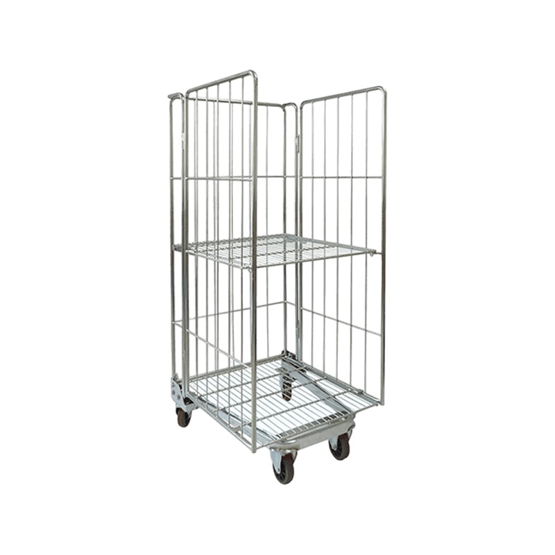 Warehouse Storage Zinc Finish Wire Mesh 3-Sided Roll Cage Trolley